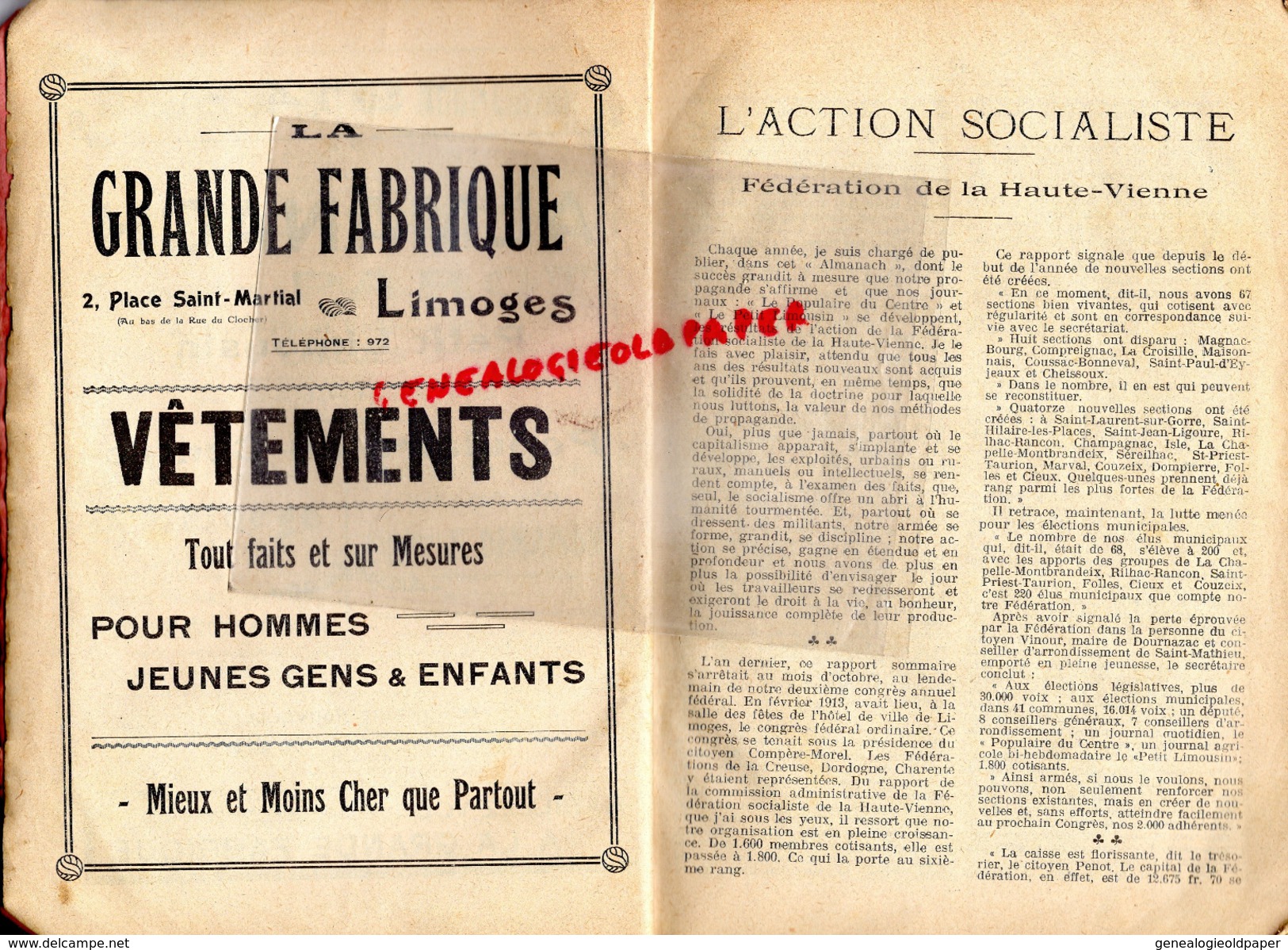 87 - LIMOGES - ALMANACH DU POPULAIRE DU CENTRE 1914- SOCIALISTE SOCIALISME- BOUCHERIE PAROT-NIVET-IMPRIMERIE NOUVELLE- - Documents Historiques