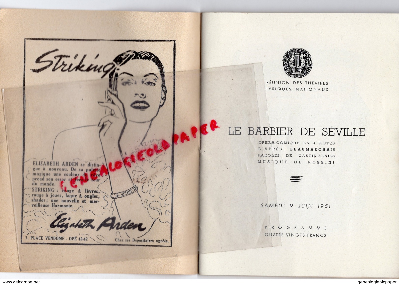 THEATRE NATIONAL DE L' OPERA COMIQUE - LE BARBIER DE SEVILLE-9 JUIN 1951- BAUDECROUX-TURBA RABIER-AMADE-LEGOUHY-CLEMENT - Programmes