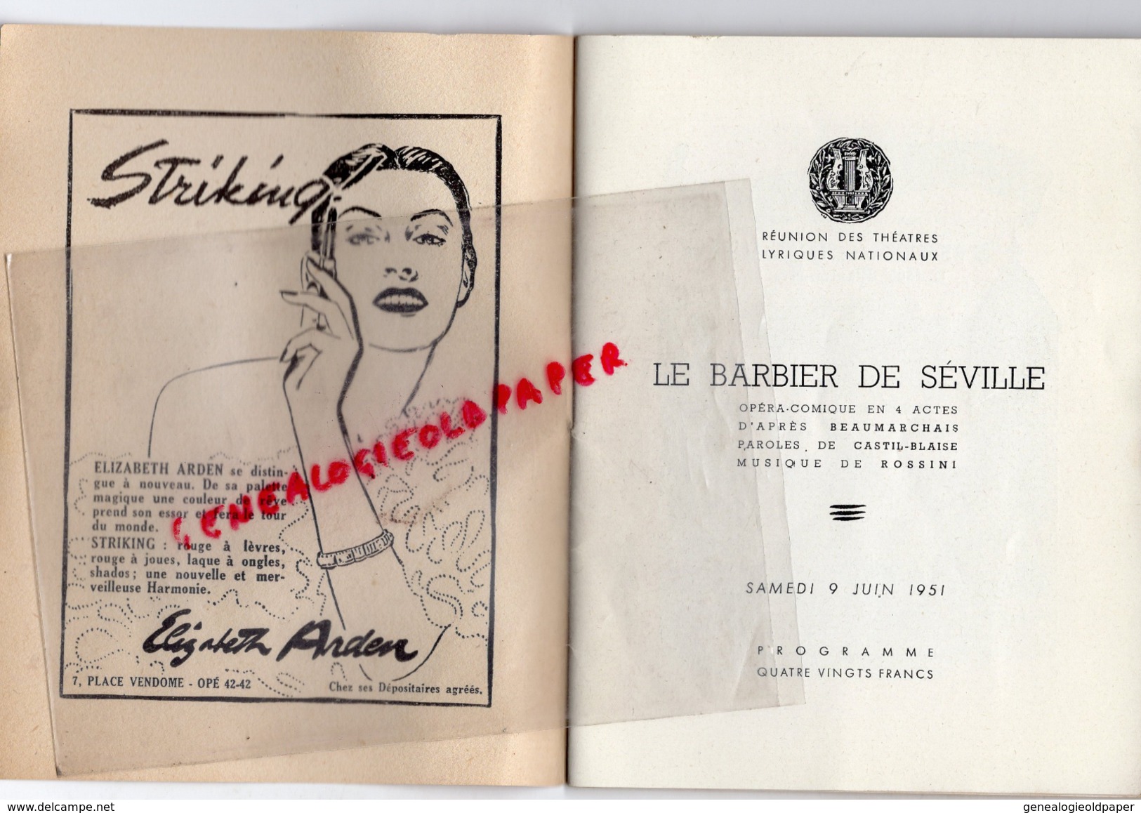 THEATRE NATIONAL DE L' OPERA COMIQUE - LE BARBIER DE SEVILLE-9 JUIN 1951- BAUDECROUX-TURBA RABIER-AMADE-LEGOUHY-CLEMENT - Programas