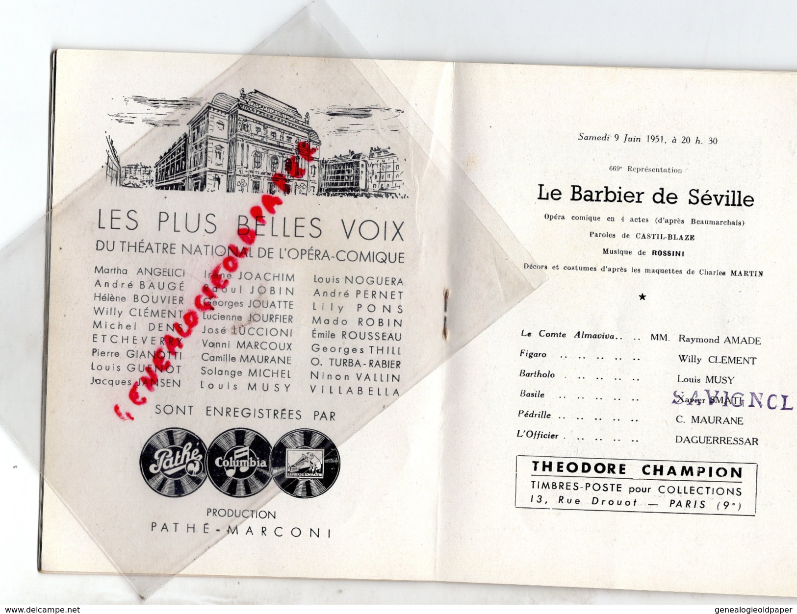 THEATRE NATIONAL DE L' OPERA COMIQUE - LE BARBIER DE SEVILLE-9 JUIN 1951- BAUDECROUX-TURBA RABIER-AMADE-LEGOUHY-CLEMENT