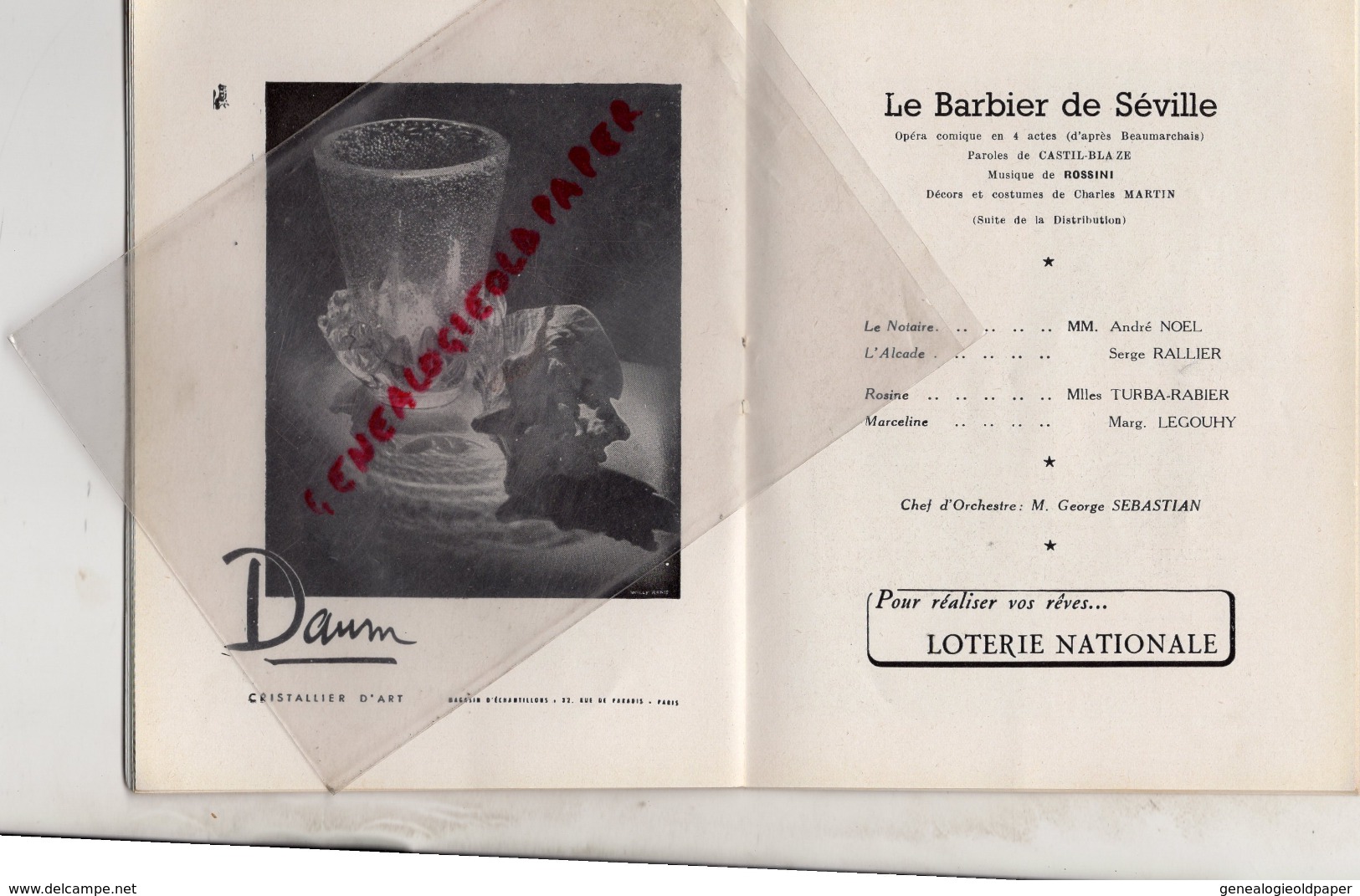 THEATRE NATIONAL DE L' OPERA COMIQUE - LE BARBIER DE SEVILLE-9 JUIN 1951- BAUDECROUX-TURBA RABIER-AMADE-LEGOUHY-CLEMENT