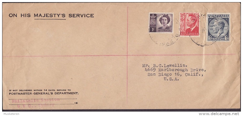 Australia ON HIS MAJESTY's SERVICE Postmaster-General Dept. SYDNEY 1952 Cover Brief SAN DIEGO USA GVI. & QEII Stamps (2 - Oficiales