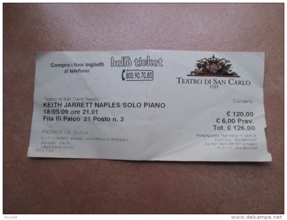 Napoli Teatro SAN CARLO KEITH JARRET Naples SOLO PIANO 18 Maggio 2009 Prezzo 120,00 Usato - Tickets - Entradas