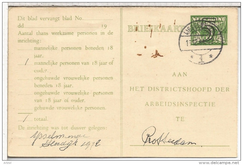 HOLANDA ENTERO POSTAL INSPECCION DE TRABAJO ARBEIDSINSPECTIE 1941 - Ganzsachen