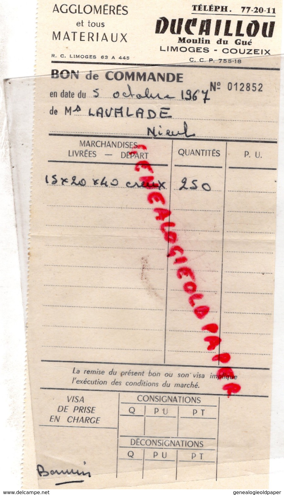 87 - COUZEIX LIMOGES - FACTURE DUCAILLOU - MOULIN DU GUE - AGGLOMERES ET MATERIAUX  1967 - 1950 - ...