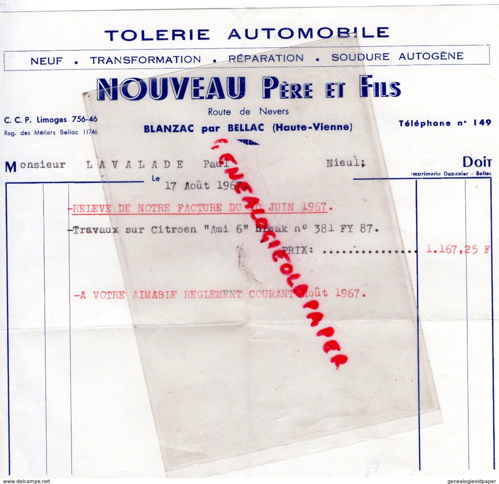 87 - BLANZAC PAR BELLAC - FACTURE NOUVEAU PERE ET FILS- TOLERIE AUTOMOBILE GARAGE-ROUTE DE NEVERS -1967 - 1950 - ...