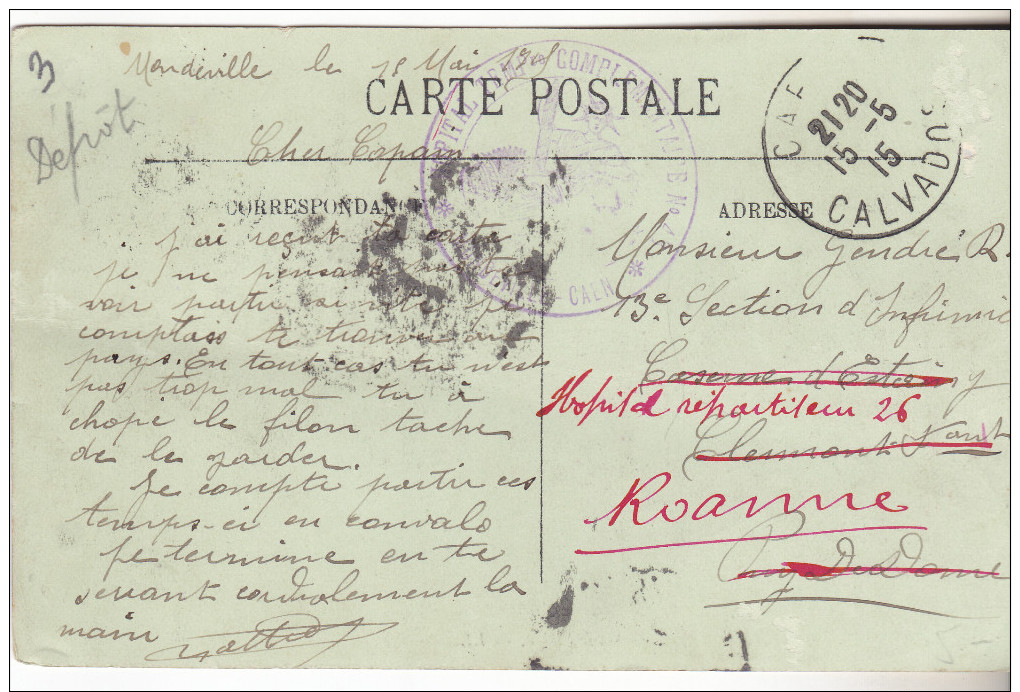 14 Carte De 1915 Cachet Violet Hopitaltemporaire Complementaire 43 Mandeville Caen. Tb état. Surcharges Rouges - Guerre De 1914-18