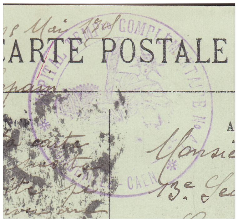 14 Carte De 1915 Cachet Violet Hopitaltemporaire Complementaire 43 Mandeville Caen. Tb état. Surcharges Rouges - Guerre De 1914-18