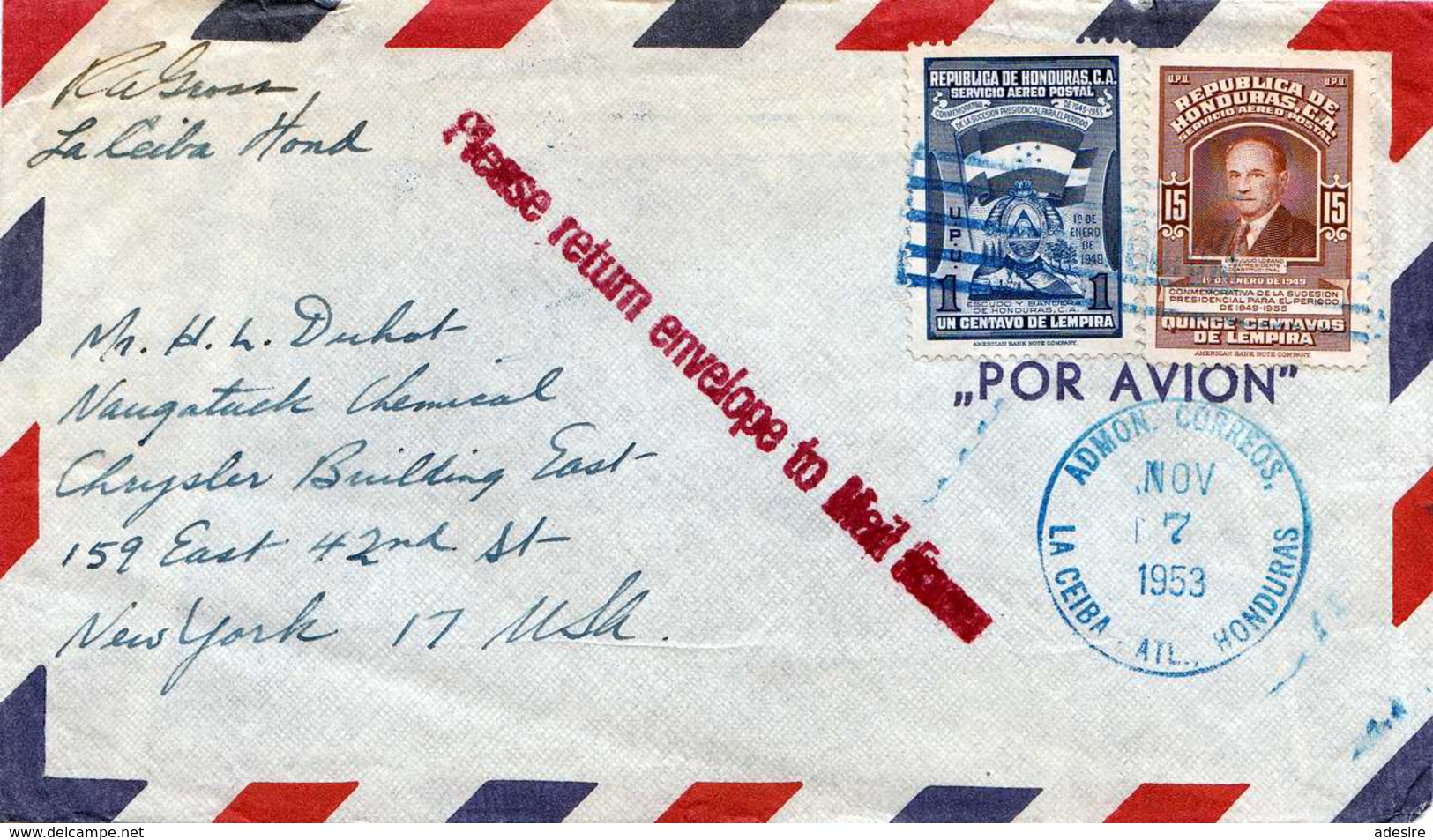 HONDURAS 1953 - 2 Sondermarken Auf FP-Brief Von Honduras Nach New York - Honduras
