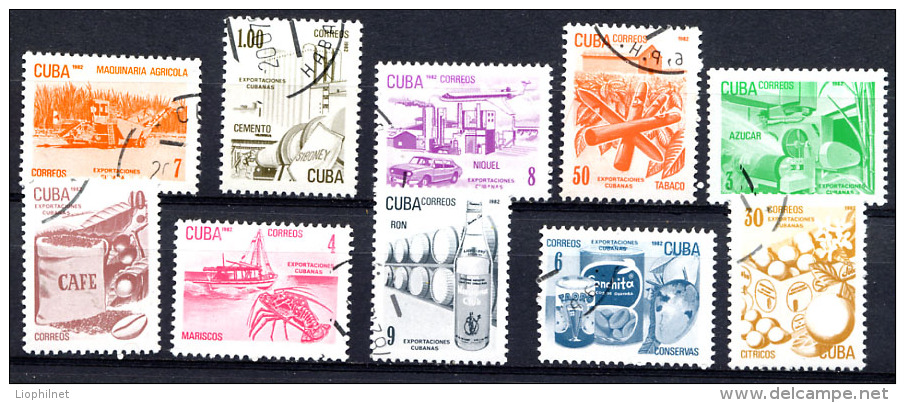 CUBA  1982, EXPORTATIONS SUCRE CRUSTACES CAFE RHUM TABAC PAMPLEMOUSSE..., 10 Valeurs, Oblitérés / Used. R030 - Gebruikt