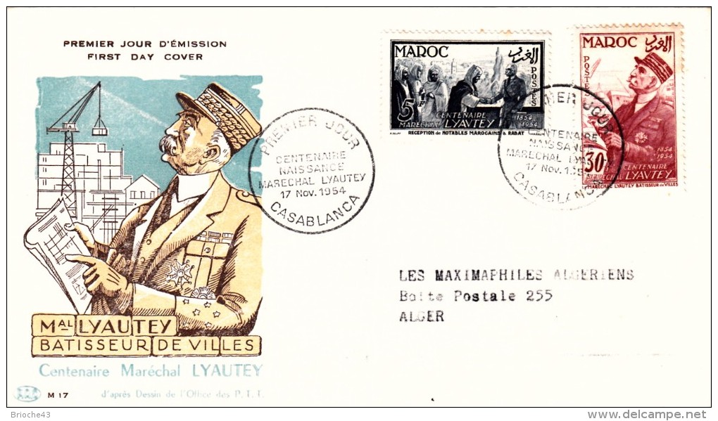 MAROC FDC 1954 CENTENAIRE NAISSANCE MARECHAL LYAUTEY. CASABLANCA /  8022 - Lettres & Documents