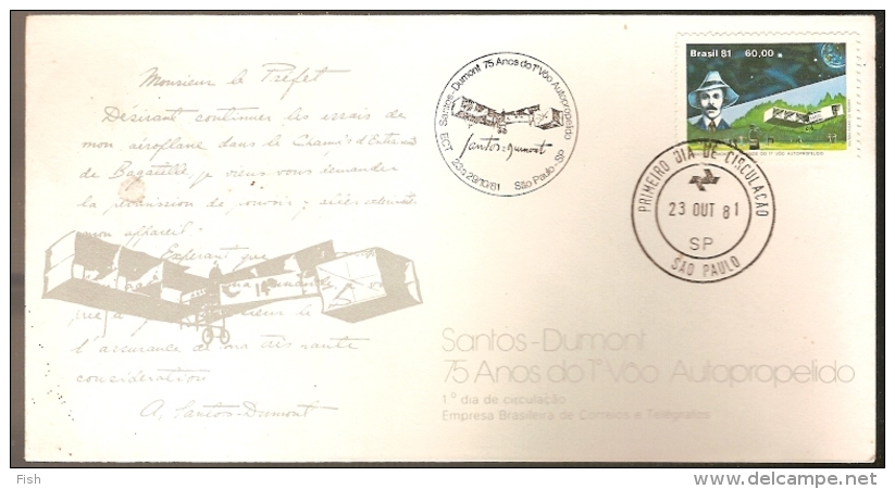 Brazil &  FDC Santos Dumont, 75 Flight Anniversary Self-Propelled, São Paulo, 1981 (1503) - Airplanes