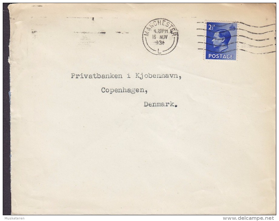 Great Britain MIDLAND BANK Ltd. Foreign Branch MANCHESTER 1936 Cover Brief Denmark 2½d. EDVIII. Stamp (2 Scans) - Briefe U. Dokumente