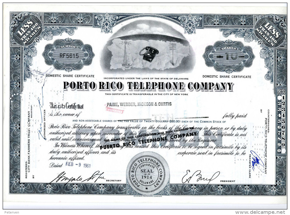 PORTO RICO TELEPHONE COMPANY; Less Than 100 Shares - Electricité & Gaz