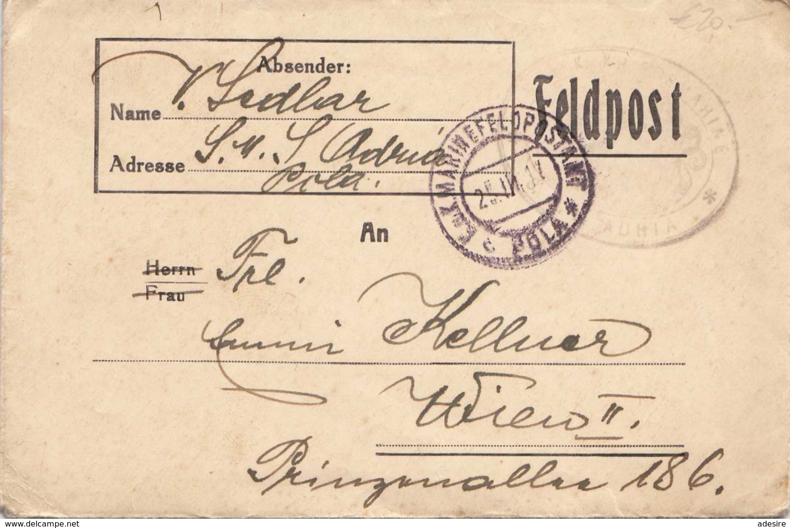 FELDPOSTBRIEF Gel.1917 V.Feldpostamt POLA Nach Wien II, Brief Mit Inhalt - Briefe U. Dokumente