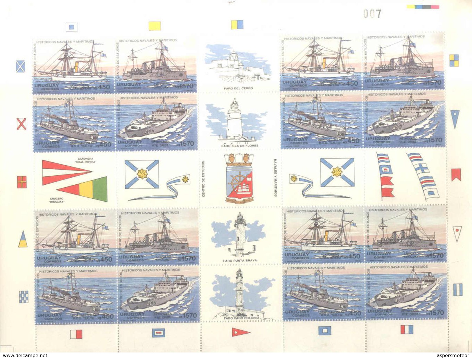 URUGUAY AÑO 1991 SERIE COMPLETA BARQUES NAVIOS NAVES PHARES PHARS FAROS FULL SHEET MNH TBE CON TODAS SUS BANDELETAS - Uruguay