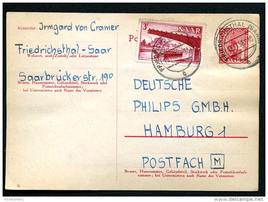 SAARLAND P34 I Postkarte FRIEDRICHSTHAL - Hamburg 1953  Kat. 32,00 € - Enteros Postales