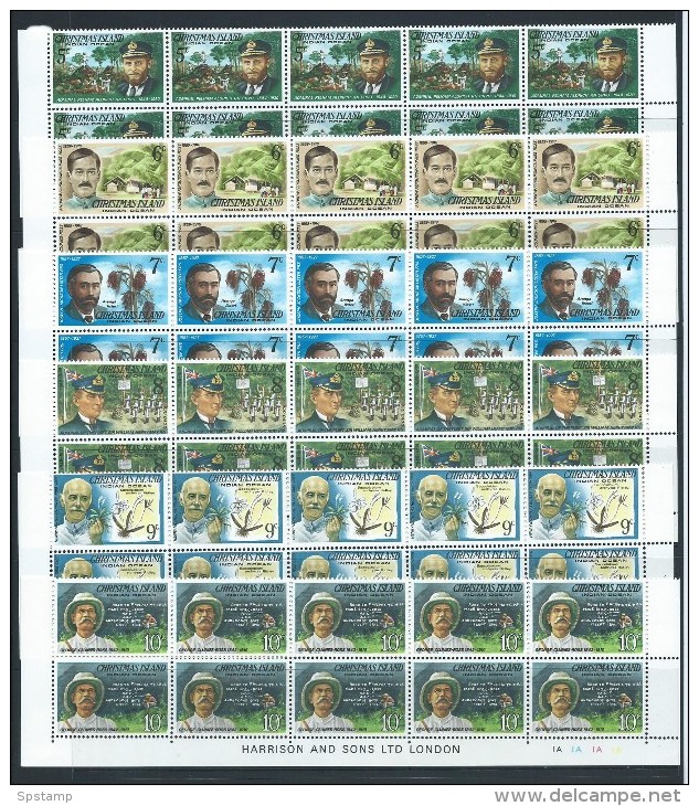 Christmas Island 1977 Famous Visitor Definitive Set 16 As Marginal Strips Of 10 , 15 With Harrison Imprint MNH - Christmas Island