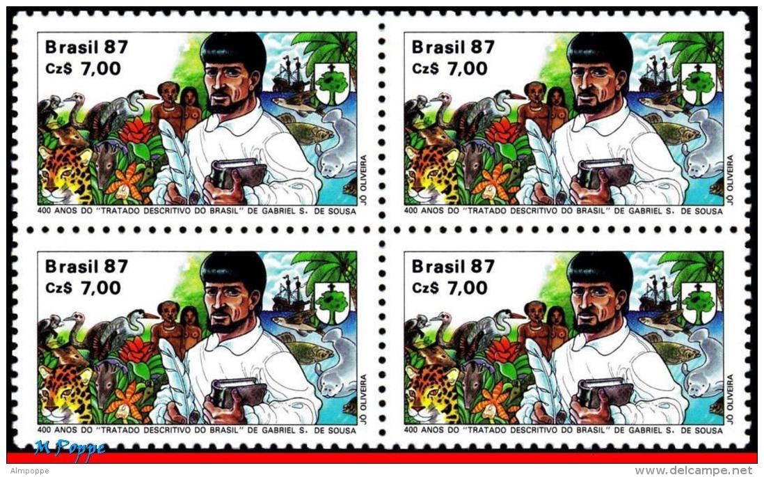 Ref. BR-2124-Q BRAZIL 1987 FAMOUS PEOPLE, GABRIEL S. DE SOUSA,, TREATISE, CATS, FISH, SHIPS, BLOCK MNH 4V Sc# 2124 - Raubkatzen