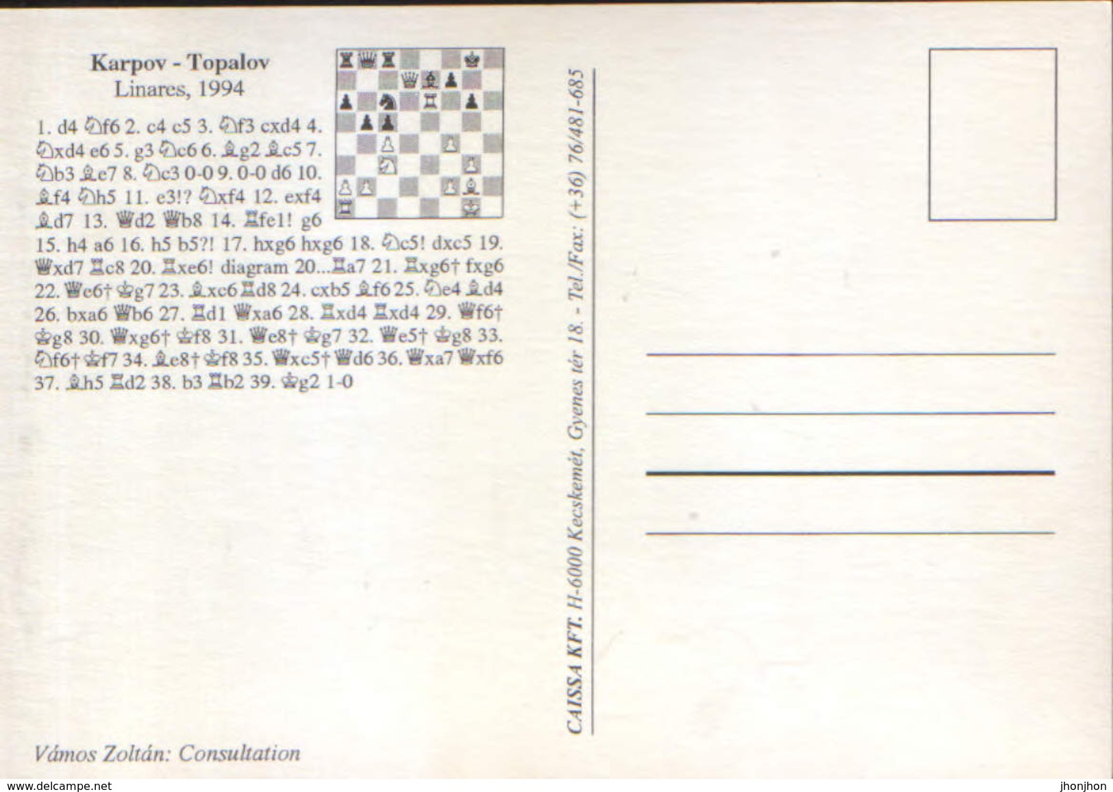 Hungary - Postcard Unused - Chess - Game Played In 1994 In Linares Karpov Topalov - 2/scans - Echecs