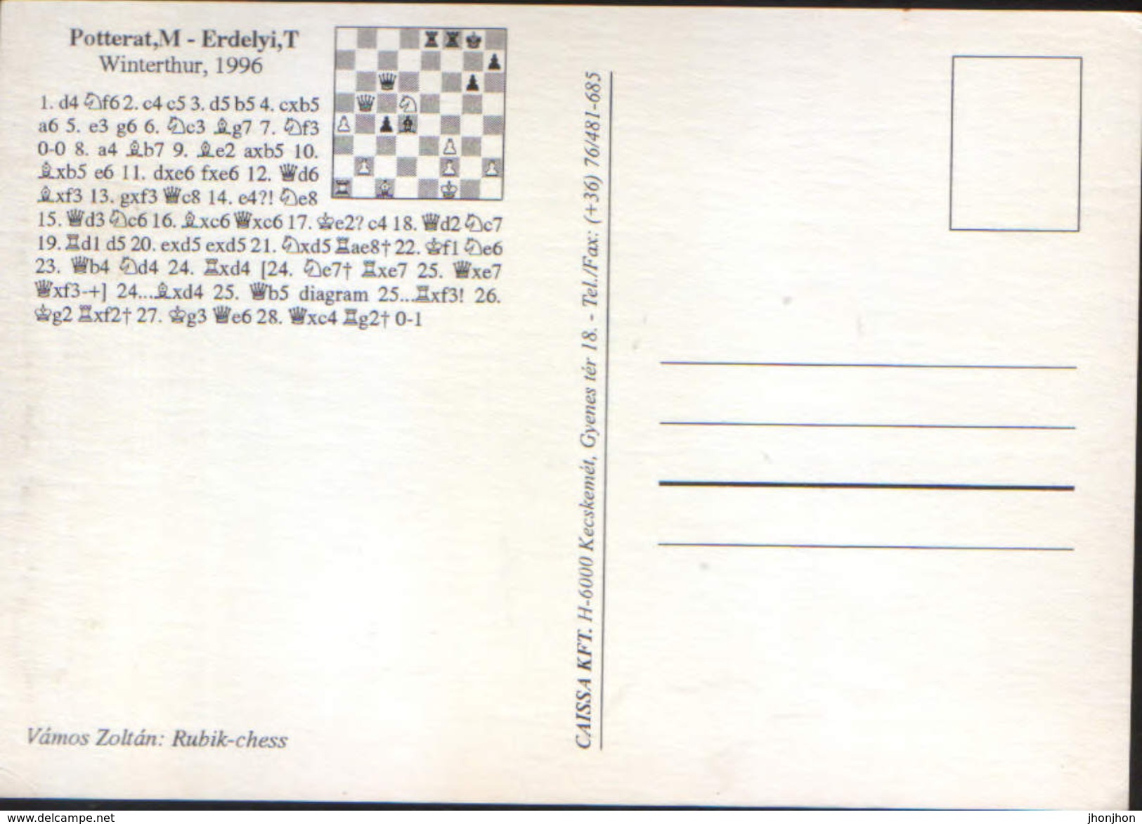 Hungary - Postcard Unused - Chess - Game Played In 1996 In Winterhur Potterat-Erdelyi - 2/scans - Schach