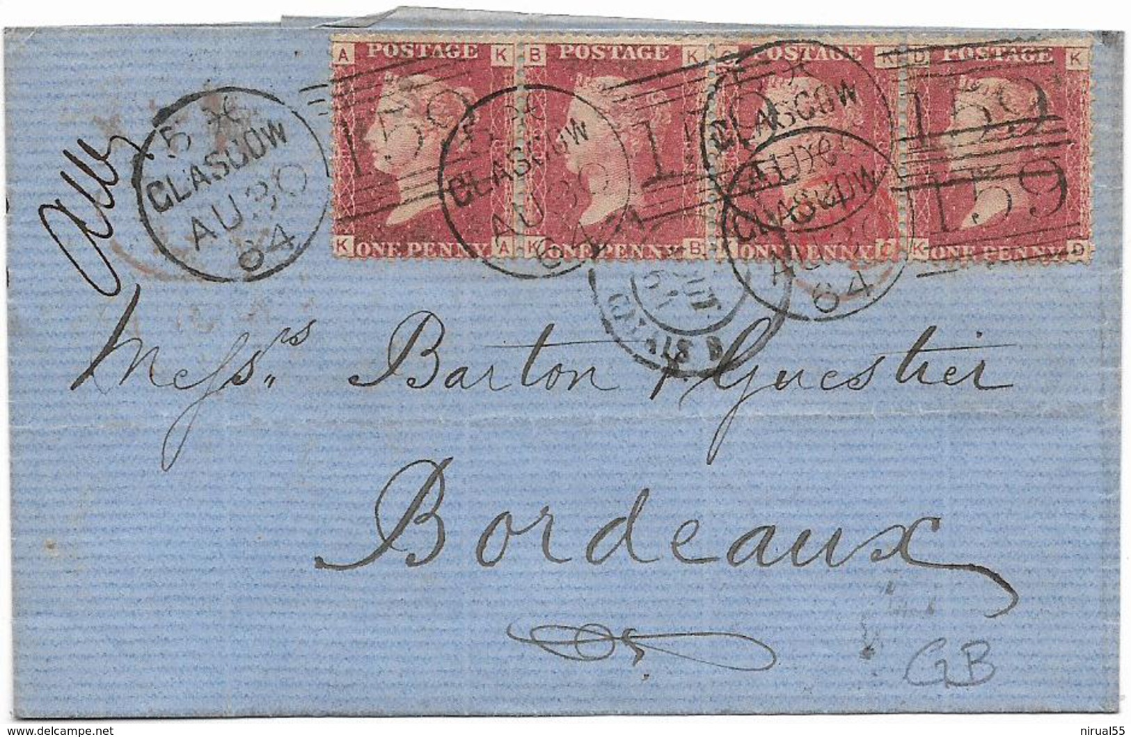 Angleterre ONE PENNY De 1864 Victoria Bande De 4 Timbres Abcd Au Départ De Glasgow 20 Août 1864 Pour Bordeaux ........jp - Briefe U. Dokumente