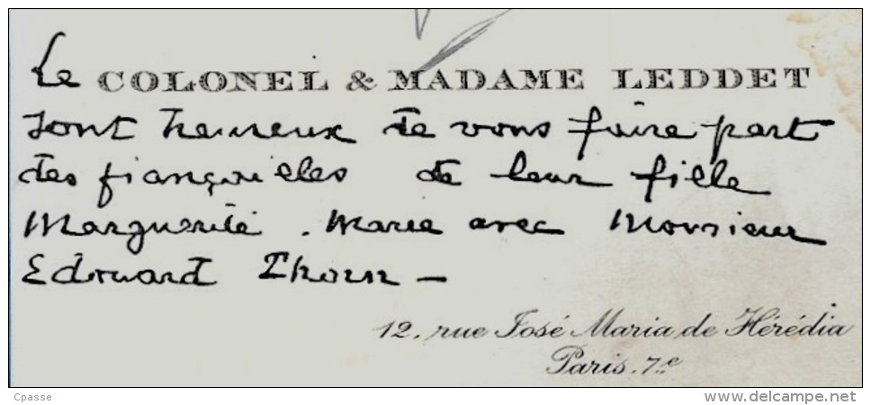 En L´état Carte De Visite - Faire-Part Fiançailles Le COLONEL & MADAME LEDDET Rue José Maria De Hérédia 75007 PARIS - Compromiso