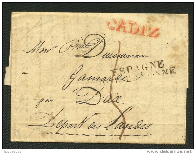 SPAIN - ESPAGNE 1855 - 1827 CADIZ A Francia - Envuelta Prefilatelica - Espagne Par Bayonne - ...-1850 Prefilatelia