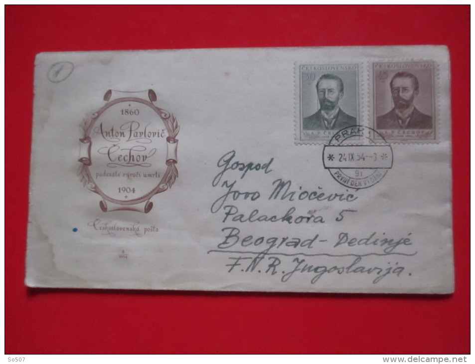 T8-FDC Cover,Envelope-50.výročí úmrtí Antonína Pavloviče Čechova-Praha,Ceskoslovensko-Belgrade Yugoslavia 1954.Censure - Covers