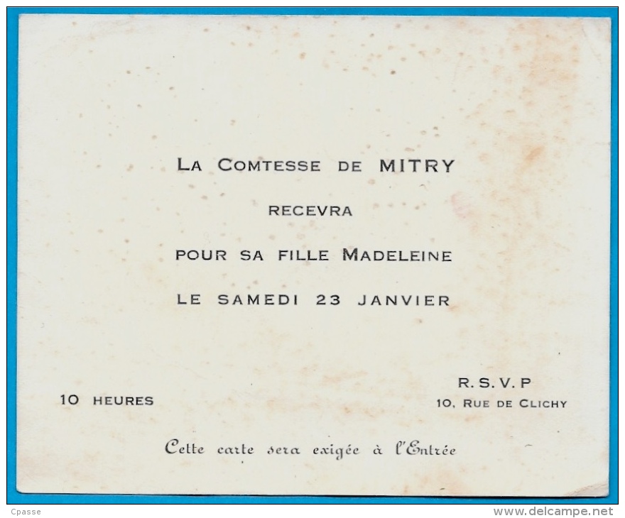 En L'état Faire-part Invitation Noblesse "La COMTESSE De MITRY Recevra Pour Sa Fille Madeleine" Rue Clichy (75009 PARIS) - Autres & Non Classés