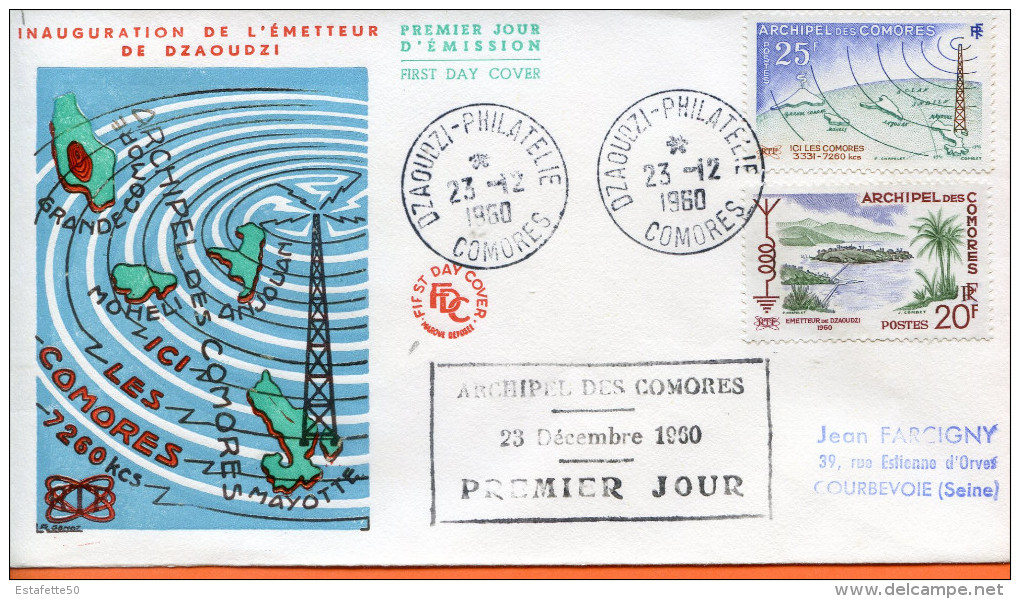 France ;Comores,FDC 1960 ; émetteur De Dzaoudzi - Lettres & Documents