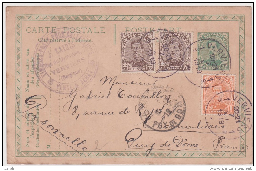 VERVIERS 1919 / Entier 5c Vert + Timbres Pour Chamalières... - Briefe U. Dokumente