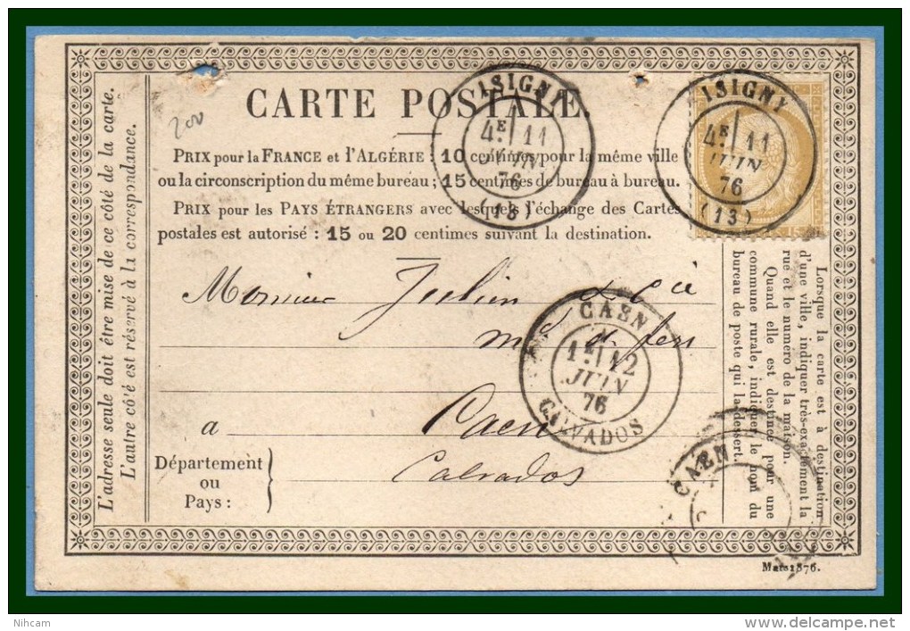 Isigny T17 / N° 55 > Caen T18 1876 Carte Précurseur (trous D'archive) - 1849-1876: Période Classique