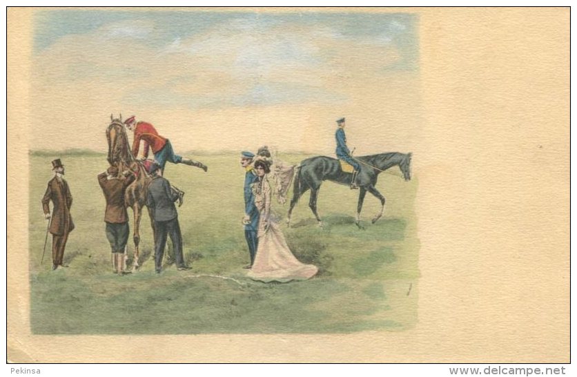 FANCY SOCIETY PEOPLE ADMIRE HORSE RIDERS EARLY Postcard - Pferde