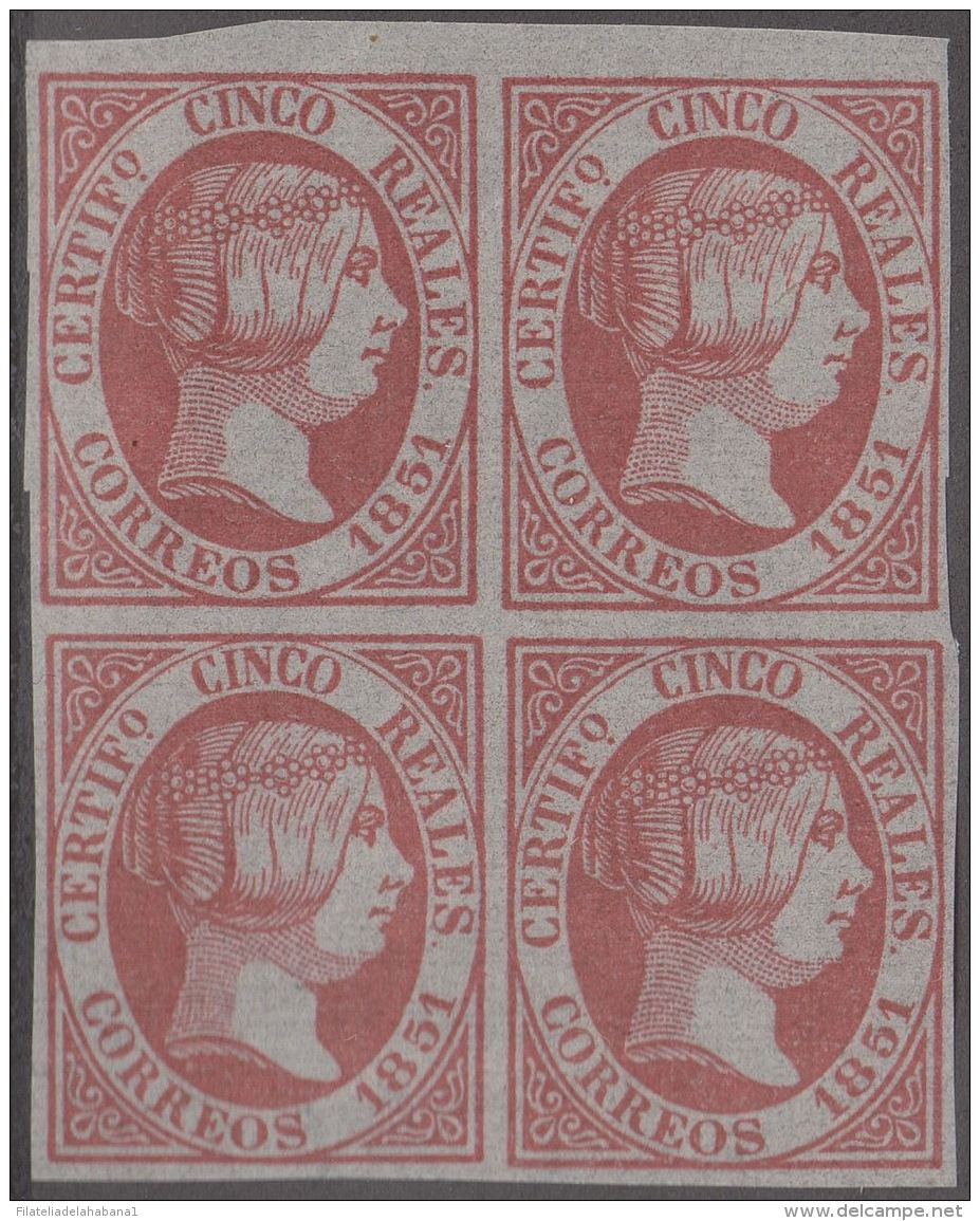 FAC-1 ESPAÑA SPAIN. SEGUI OLD FACSIMILE REPRODUCTION. ISABEL II. 1851 5r BLOCK 4. - Prove & Ristampe