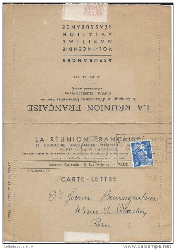 ⭐ France - Carte Lettre Publicitaire Affranchie Gandon - La Réunion Française - 1951 ⭐ - 1945-54 Marianne (Gandon)