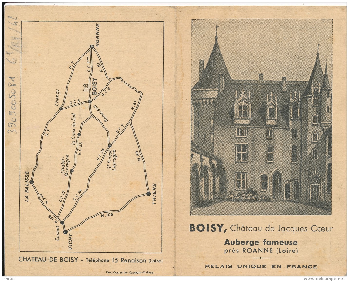 CPA 42 BOISY Auberge Fameuse Château De Jacques Coeur - Carte Publicitaire 4 Pages - Roanne