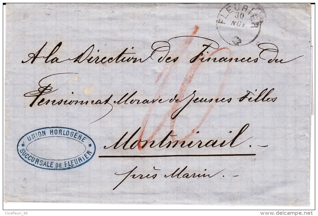 Fleurier, Pensionnat J.F. à Montmirail Près Marin (Neuchâtel). Oblit. Muette (aveugle), 30 Nov. ? Union Horlogère - ...-1845 Prephilately