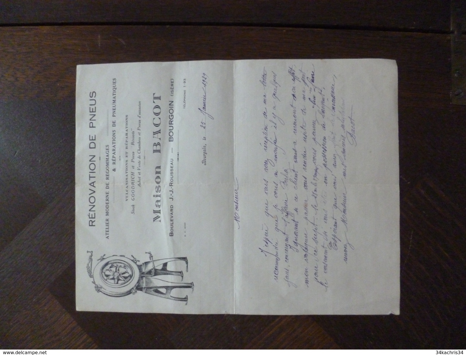 Facture Illustrée Bourgoin Isère Maison Bacot 1929 Rénovation De Pneus Automobile - Automobile