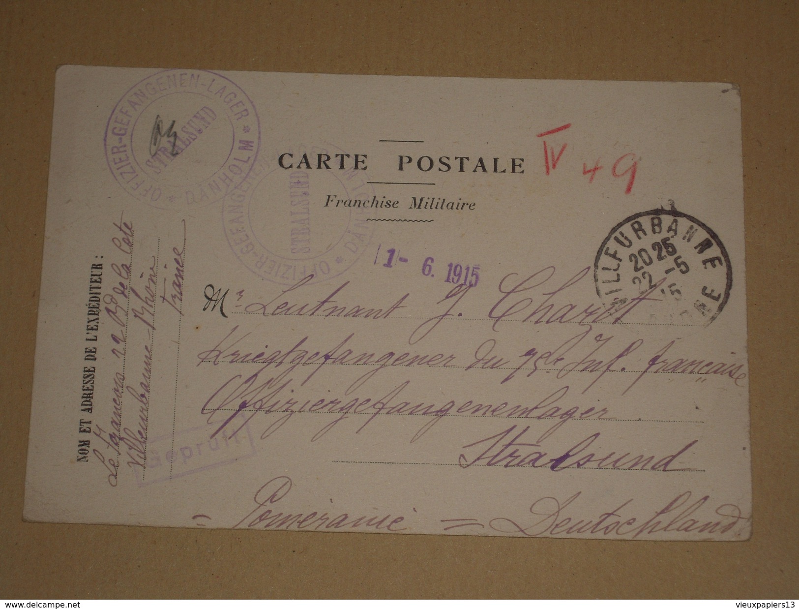 WW1 1915 Carte En Franchise Militaire Pour Officier Du 75e RI Prisonnier Camp De Stralsund Poméranie Allemagne/12 Lignes - 1. Weltkrieg 1914-1918