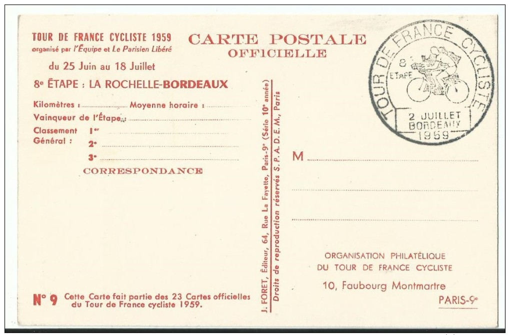 CARTE POSTALE __ Tour De France Cycliste 2 Juillet 1959 Bordeaux - Cycling