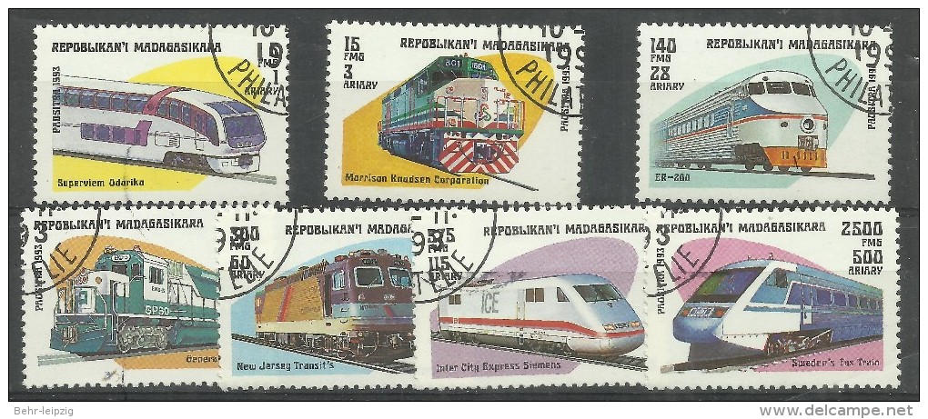 Madagaskar 1562-68 " Eisenbahnsatz Kpl.mit 7 Lokomotivbriefmarken",gestempelt Mi.:4,00 € - Madagaskar (1960-...)