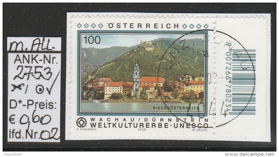 9.4.2008 - SM "Weltkulturerbe UNESCO - Wachau"  - O Gestempelt M. Allongen A. Briefstück - Siehe Scan (2753o 01-02 MA) - Used Stamps