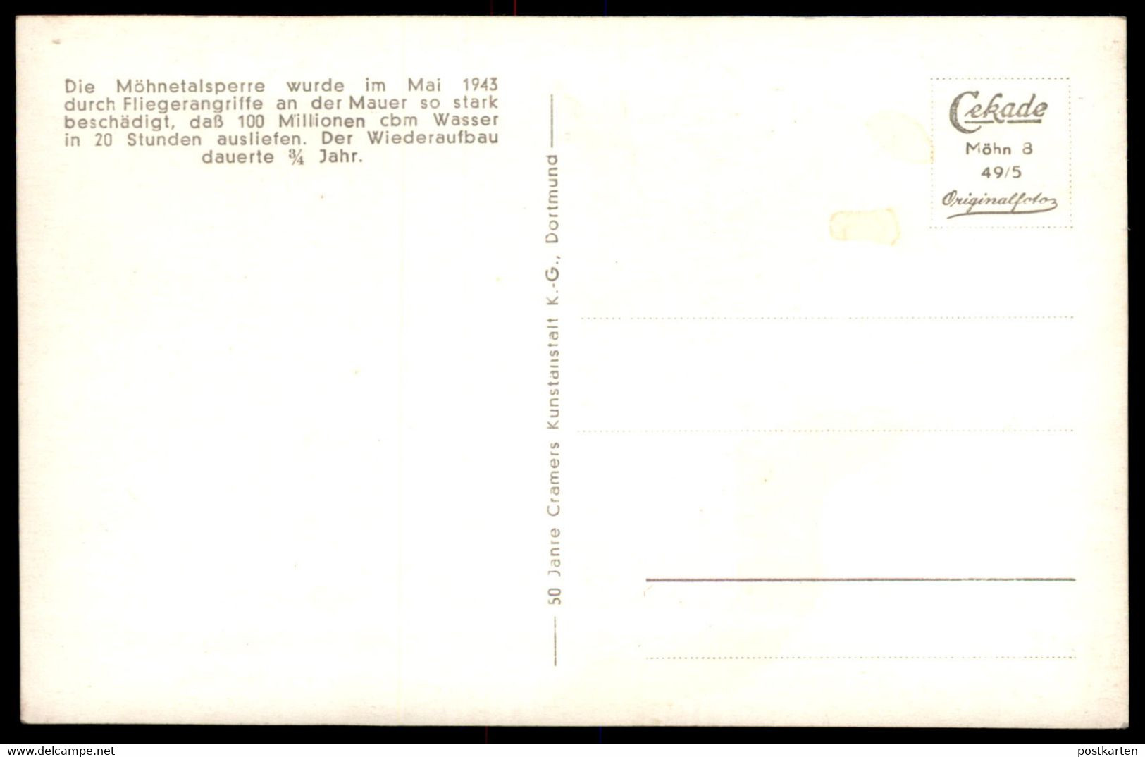 ÄLTERE POSTKARTE MÖHNETALSPERRE DURCH FLIEGERANGRIFFE MAI 1943 MAUER BESCHÄDIGT Talsperre Barrage AK Cpa Postcard - Möhnetalsperre