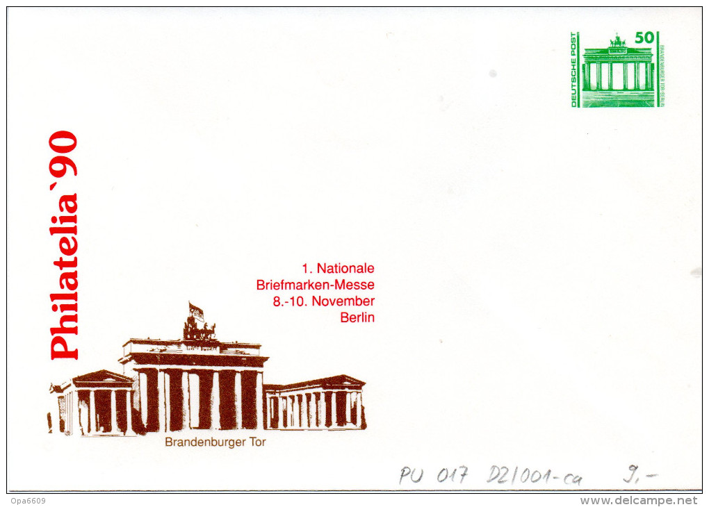 (BT1) DDR Privatganzs.-Umschlag  PU 017 D2/001ca Wz 50(Pf) "PHILATELIA ´90 - Brandenburger Tor", Ungebraucht - Buste Private - Nuovi