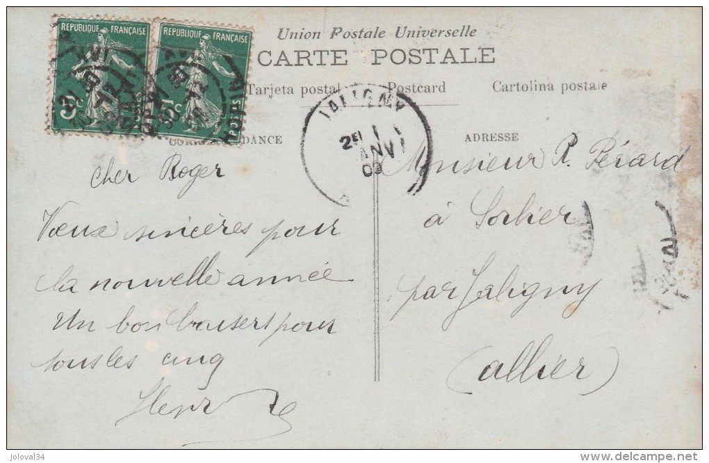 Yvert 137 X 2 Semeuse Sur Carte Postale Fantaisie Pour JALIGNY Allier Cachet Nouvel An 1/1/1909 - Covers & Documents