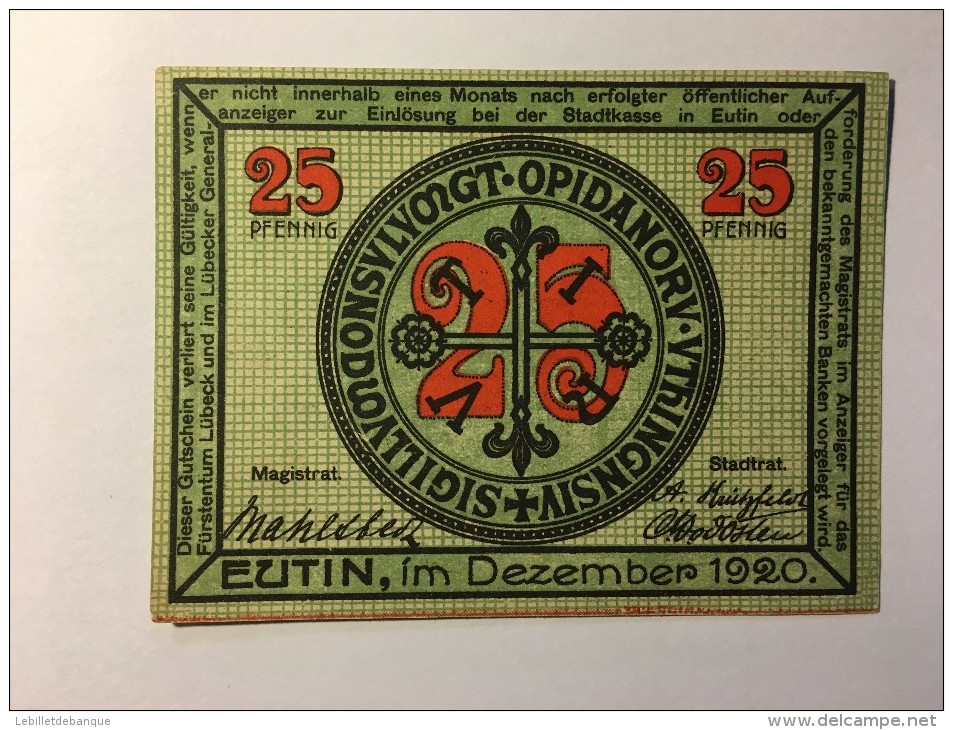 Allemagne Notgeld Eutin 25 Pfennig 1921 NEUF - Collections