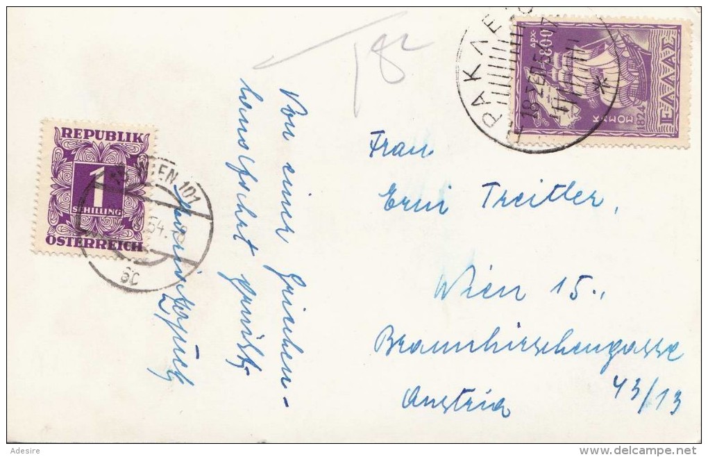 ÖSTERREICH NACHPORTO 1954 - 1 S Nachporto + 800 Dr Sondermarke Auf Ak RHODES Gel.v. Griechenland Nach Wien - Postage Due