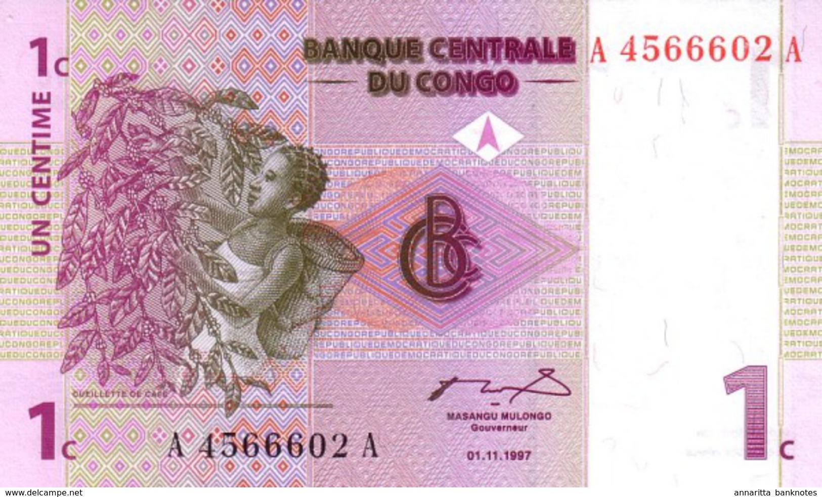 CONGO DEMOCRATIC REPUBLIC 1 CENTIME 1997 P-80 UNC [CD301a] - Repubblica Democratica Del Congo & Zaire
