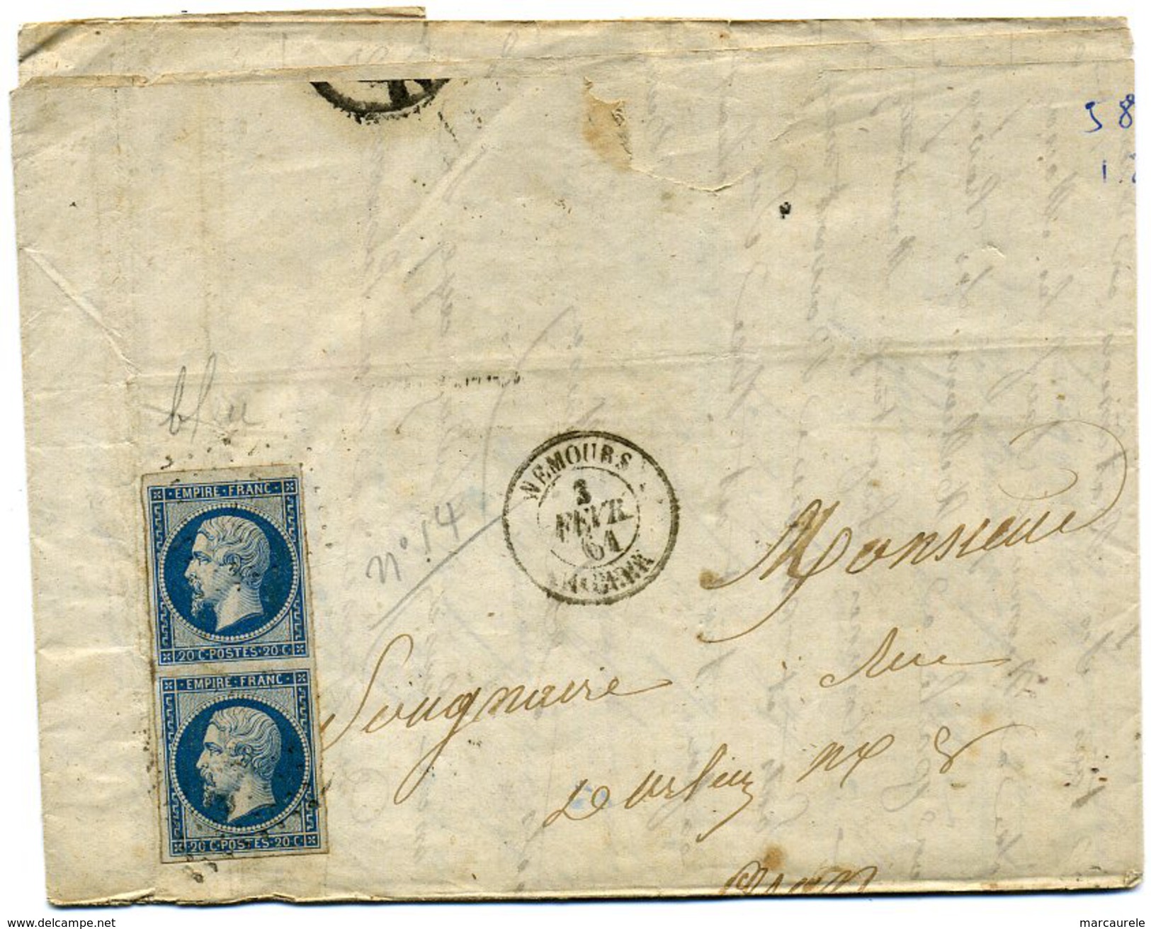 France  Paire Du N° 14 Sur Lettre  Oblitérée  Nemours  Alger - 1849-1876: Classic Period